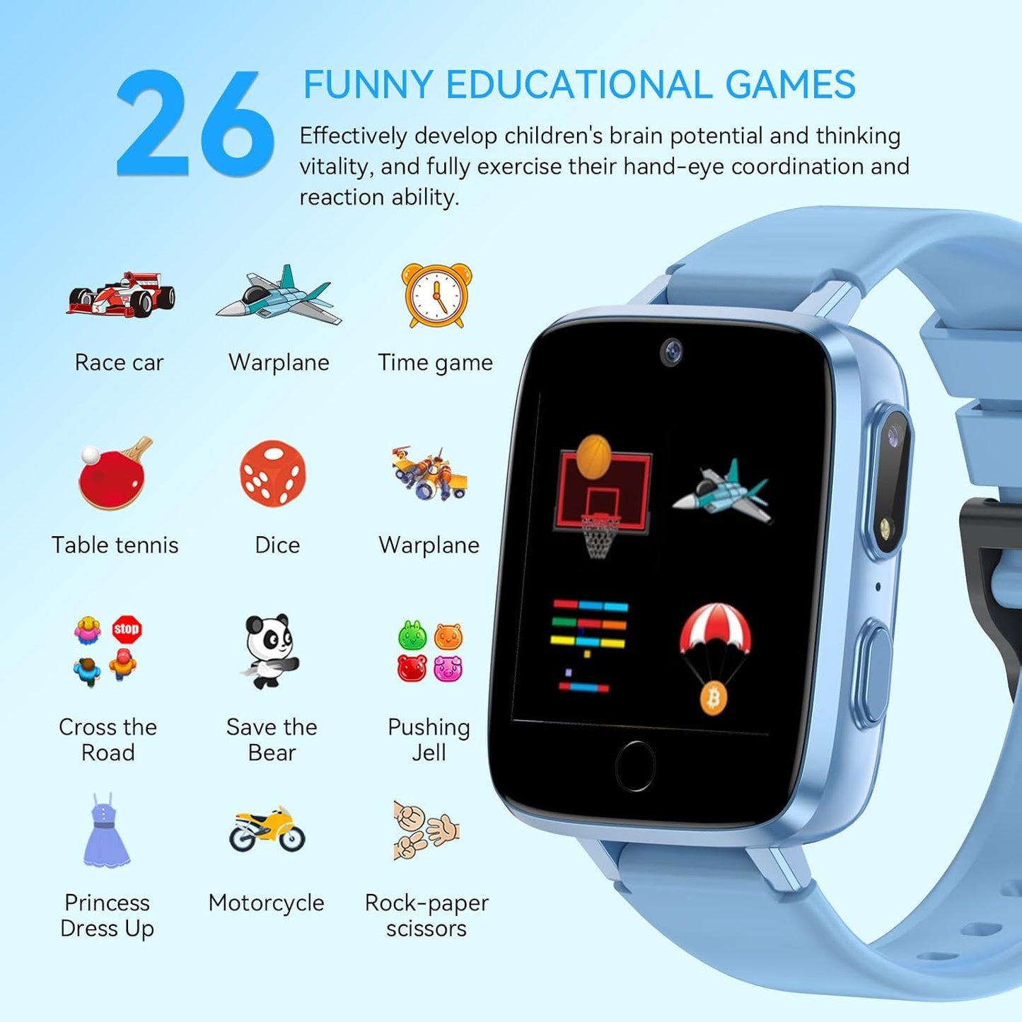 Kids Smart Watch for Girls Boys Ages 4-12, HD Touchscreen Watches, Smartwatch for Kids with 26 Games Camera Video Recorder, Birthday Toys with Music, IP67 Waterproof Pedometer, Flashlight, Alarm Clock