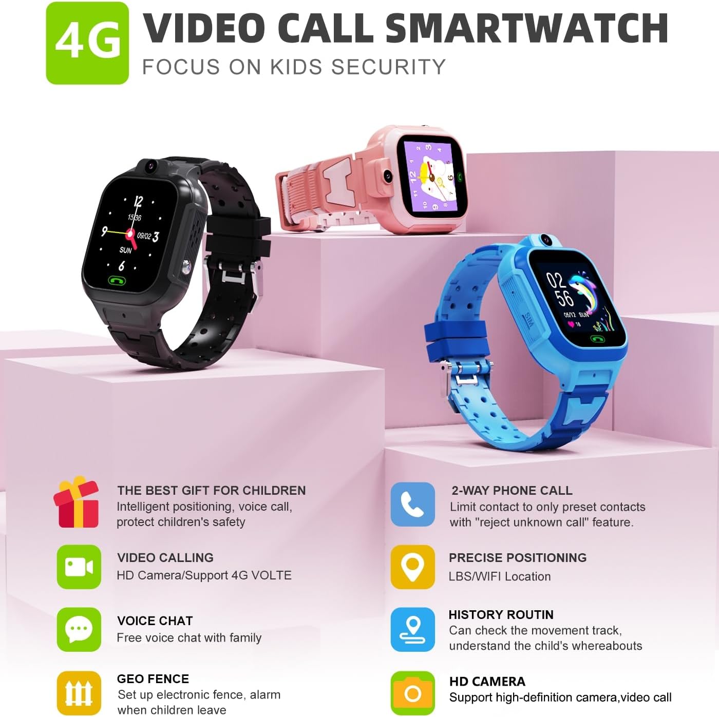 4G Kids Smart Watch GPS Tracker - Smartwatch with Two Way Call Video Calling Voice Chat SOS Class Mode Stopwatch Pedometer Games Wi-Fi Touch Screen Alarm Clock Smartwatches for Boys Girl (Pink)