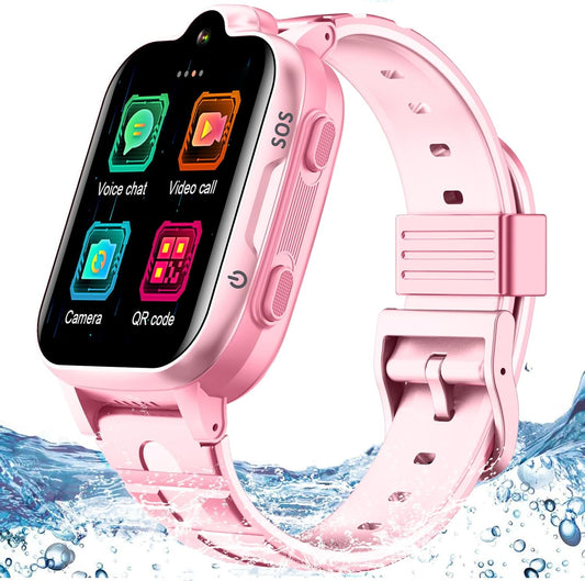 4G GPS Smart Watch for Kids with Calling Whatsapp Line Facebook TikTok Tracker Phone Watch Video Call SOS Alarm Voice Chat Message Real-Time Elderly Tracking Smartwatch for Age 3-15 Gift Pink