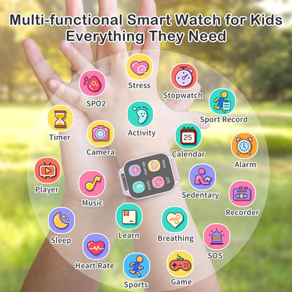 Kids Waterproof Smart Watch Boys with Fitness Tracker Sports Activity Pedometer Heartrate SpO2 Stress Monitor Flashlight APP HD Touch Screen Camera Music for 4-13 Years Old Boys Gifts for Kids