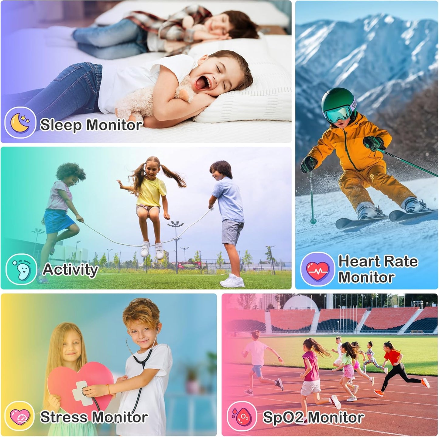 Kids Waterproof Smart Watch Boys with Fitness Tracker Sports Activity Pedometer Heartrate SpO2 Stress Monitor Flashlight APP HD Touch Screen Camera Music for 4-13 Years Old Boys Gifts for Kids